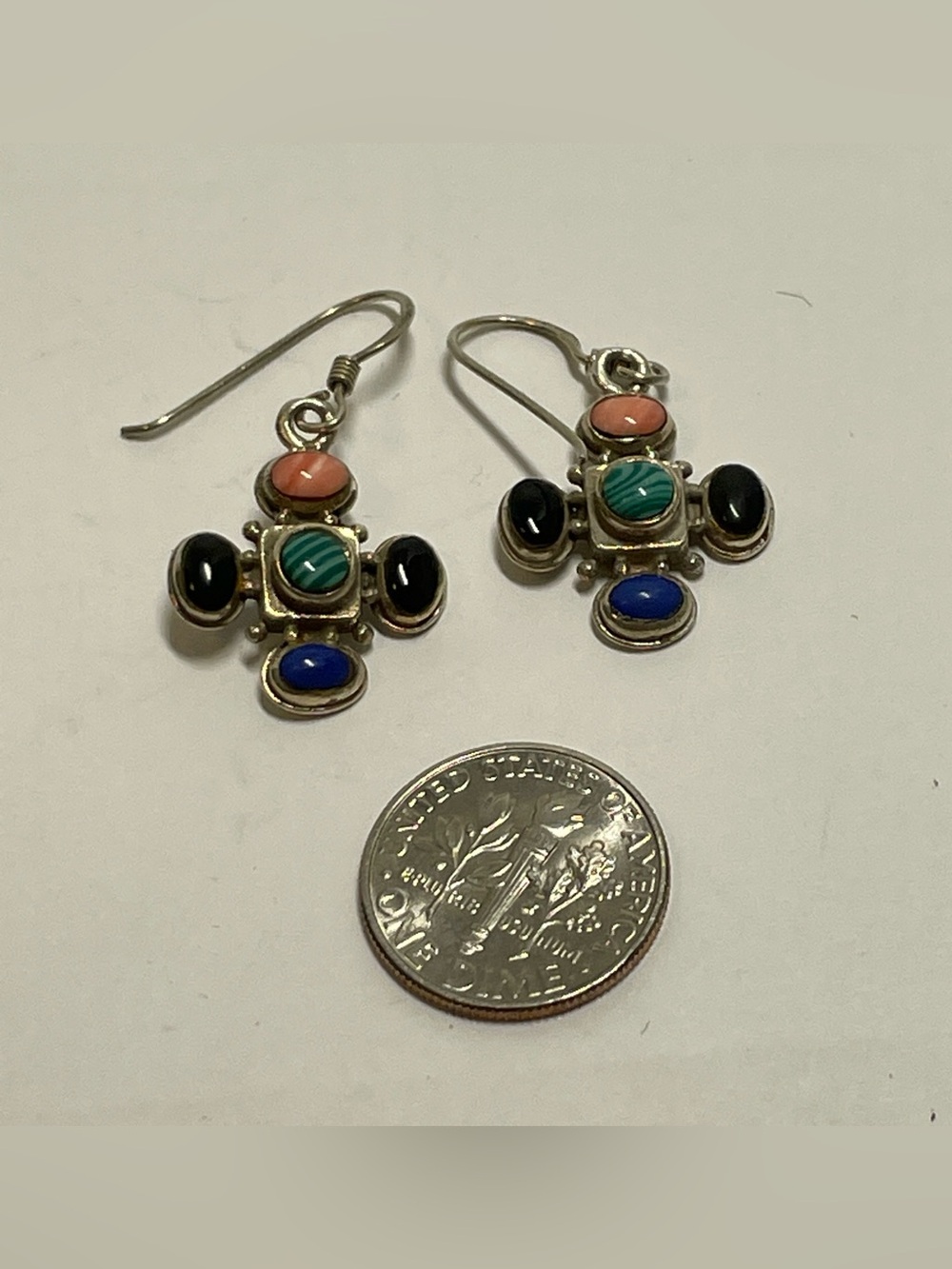Sterling Silver Southwestern Style Multi Colored Stones Dangle Earrings, 3.95g - Picture 3 of 9